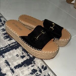 Studio Black and Tan Espadrille Slides